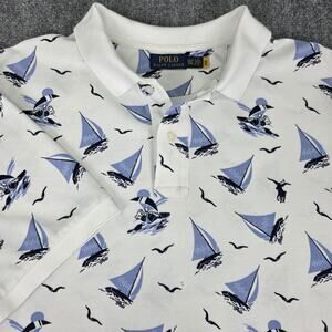 Polo Ralph Lauren Shirt Mens 2XLT White Sailboat Polo Bear AOP Mesh Nautical